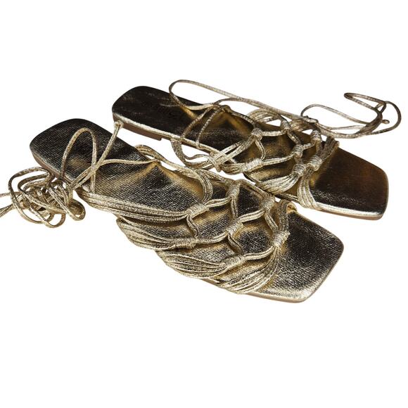 Rouge Metallic Gold Lace Up Sandals Summer Resort Vacation Beach 11 - Picture 3 of 6